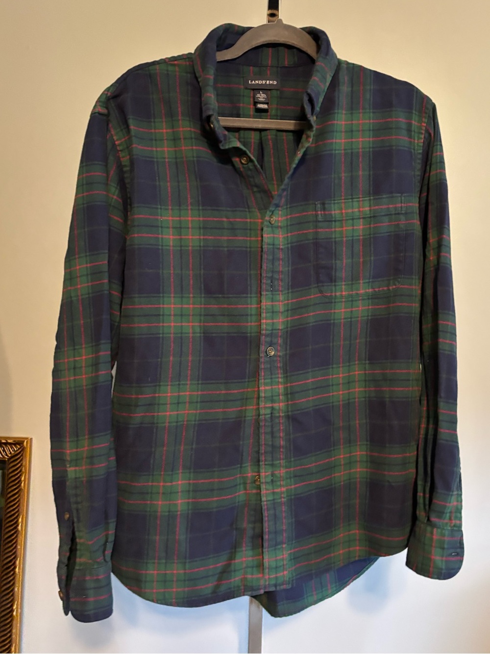Lands' End Flannel Shirt Mens Size L 16-16.5 Blue & Green Plaid